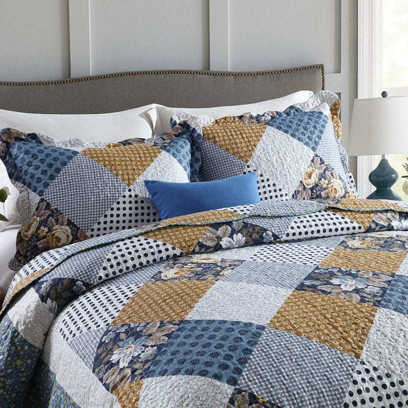 NEWLAKE Quilt Bedspread Sets-Checkered Floral Reversible Coverlet Set,Queen Size - Image 2